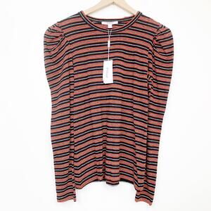 Derek Lam Red Black Silver Striped Puff Sleeve Top Women's Small Long Sleeve